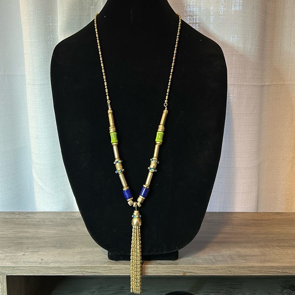 Chico’s Extra Long Statement Necklace #725 gold tone blue green tassel